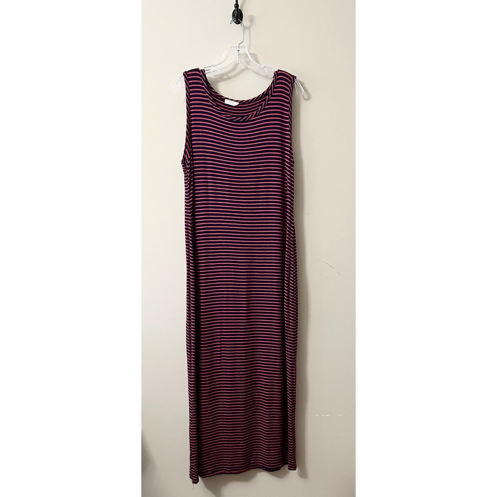 Pine Navy Blue and Pink Striped Sleeveless Maxi Dress Scoop Neck Jersey Knit